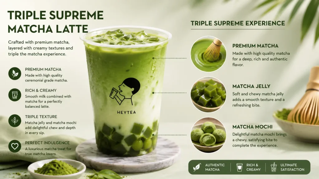 Matcha jelly and matcha mochi at the bottom of a Triple Supreme Matcha Latte