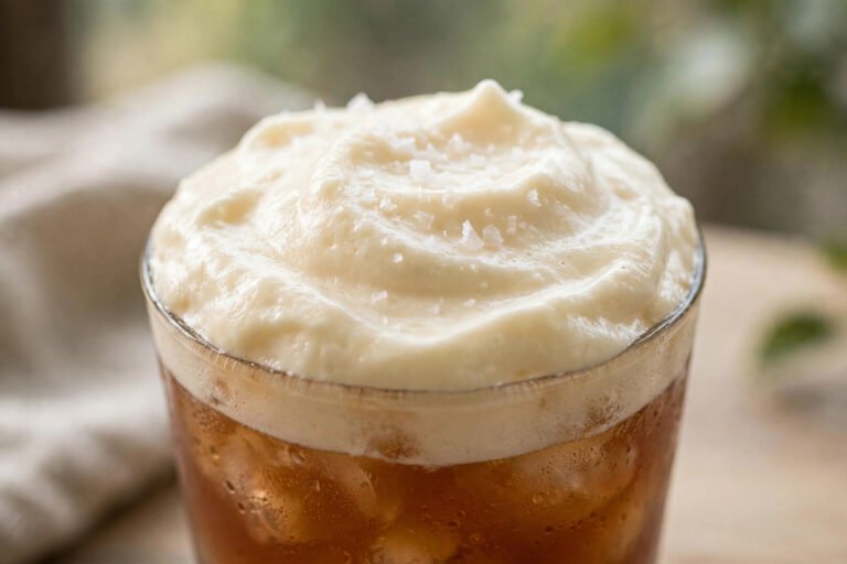 Iced tea topped with a thick cap of salted cheese foam in a clear cup