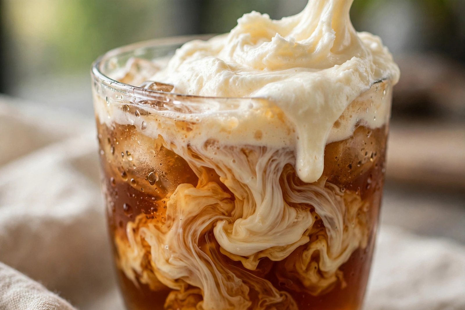 Close-up of salted cheese foam swirling into cold tea [ HeyTea Cheese Tea Review ]