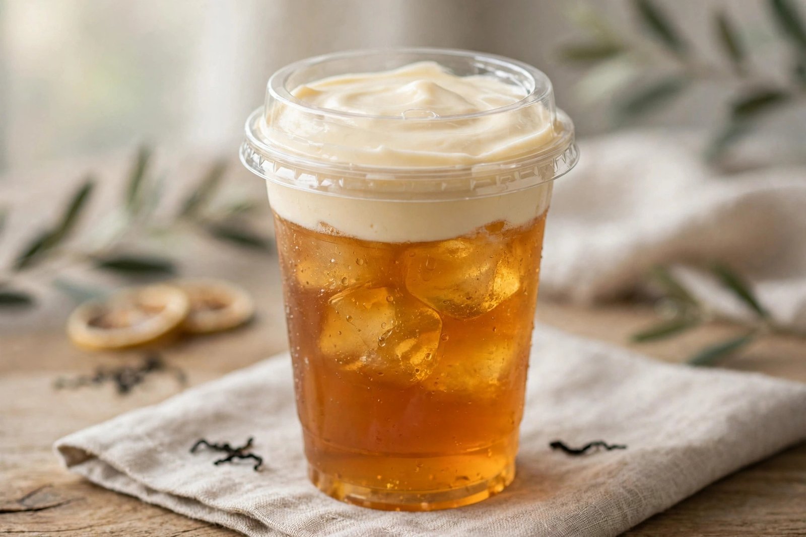 Iced tea cup with a thick cheese foam cap under a clear sipping lid