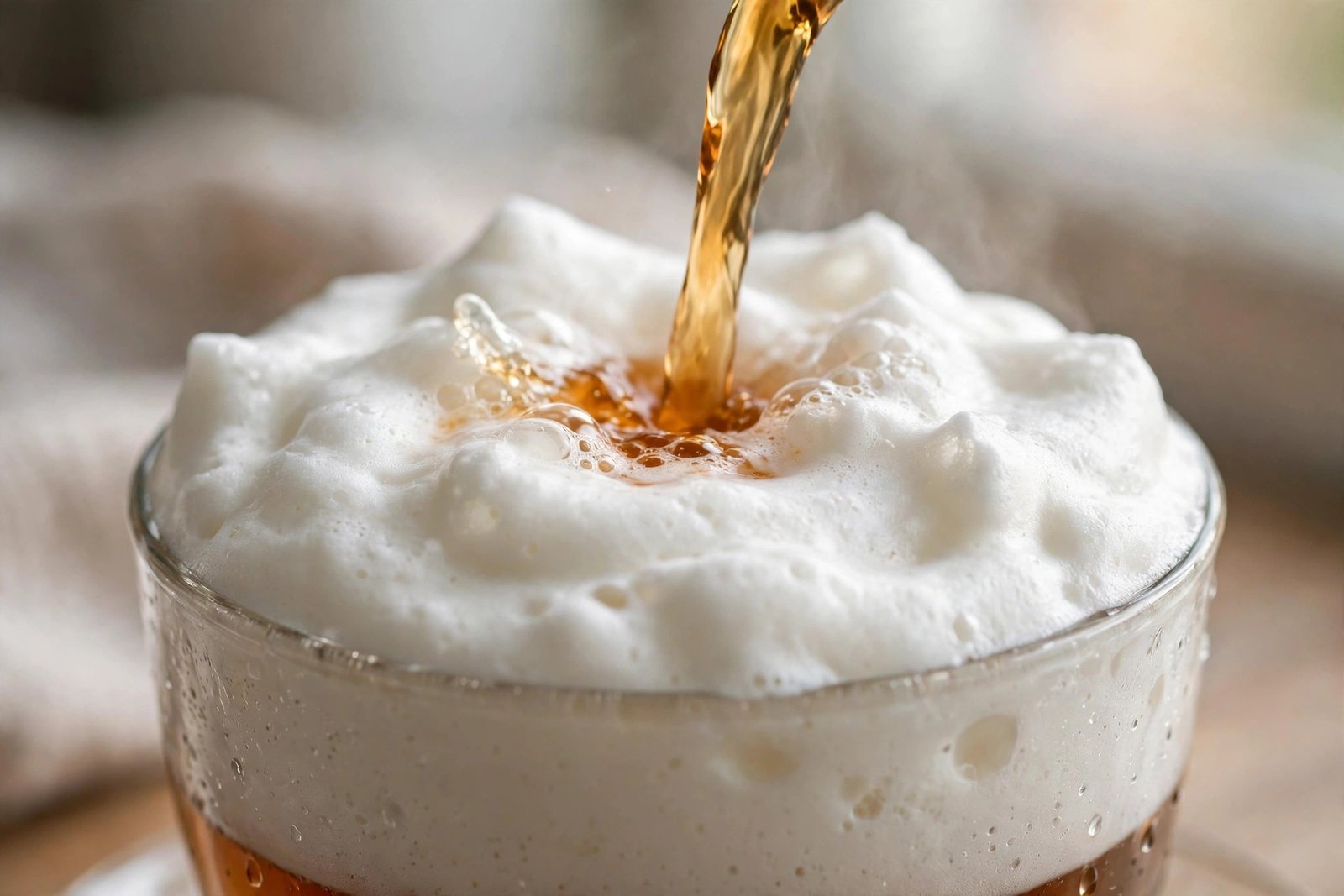 Tea being poured over a thick layer of cheese foam, close up