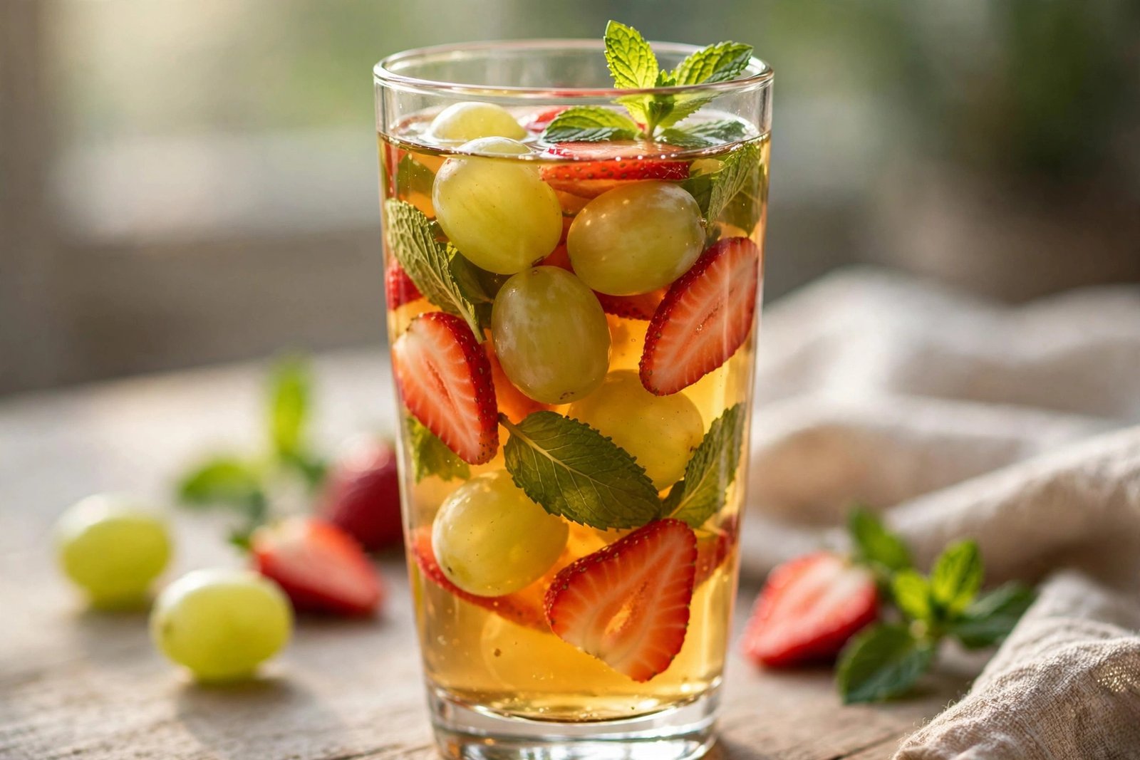 Fresh fruit tea in a clear cup with whole green grapes, strawberry slices, and mint leaves