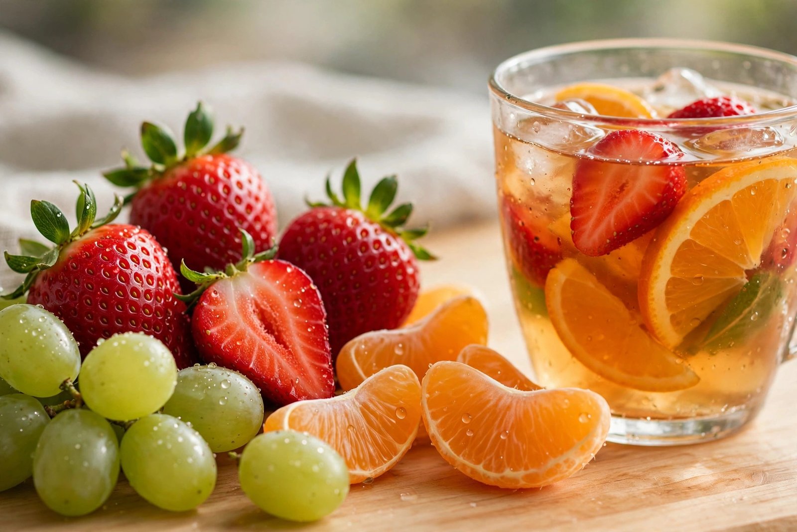 Fresh strawberries, citrus segments, and green grapes beside a glass of iced heytea fruit tea