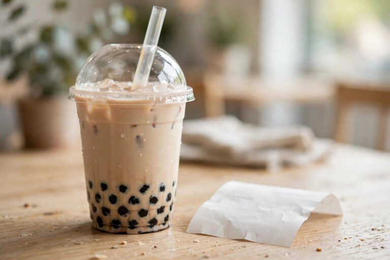 Boba milk tea cup with tapioca pearls on a café table beside a receipt