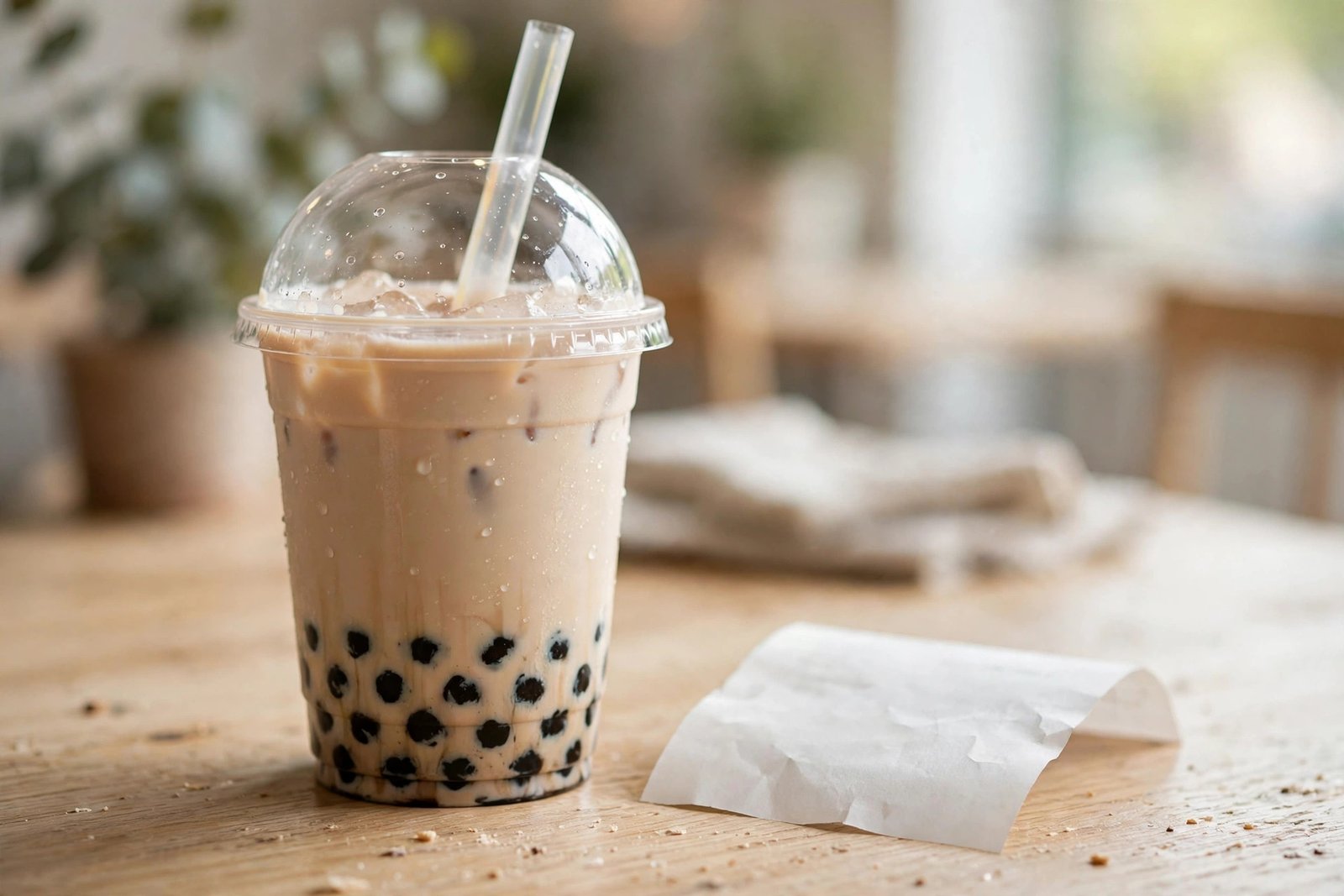 Boba milk tea cup with tapioca pearls on a café table beside a receipt