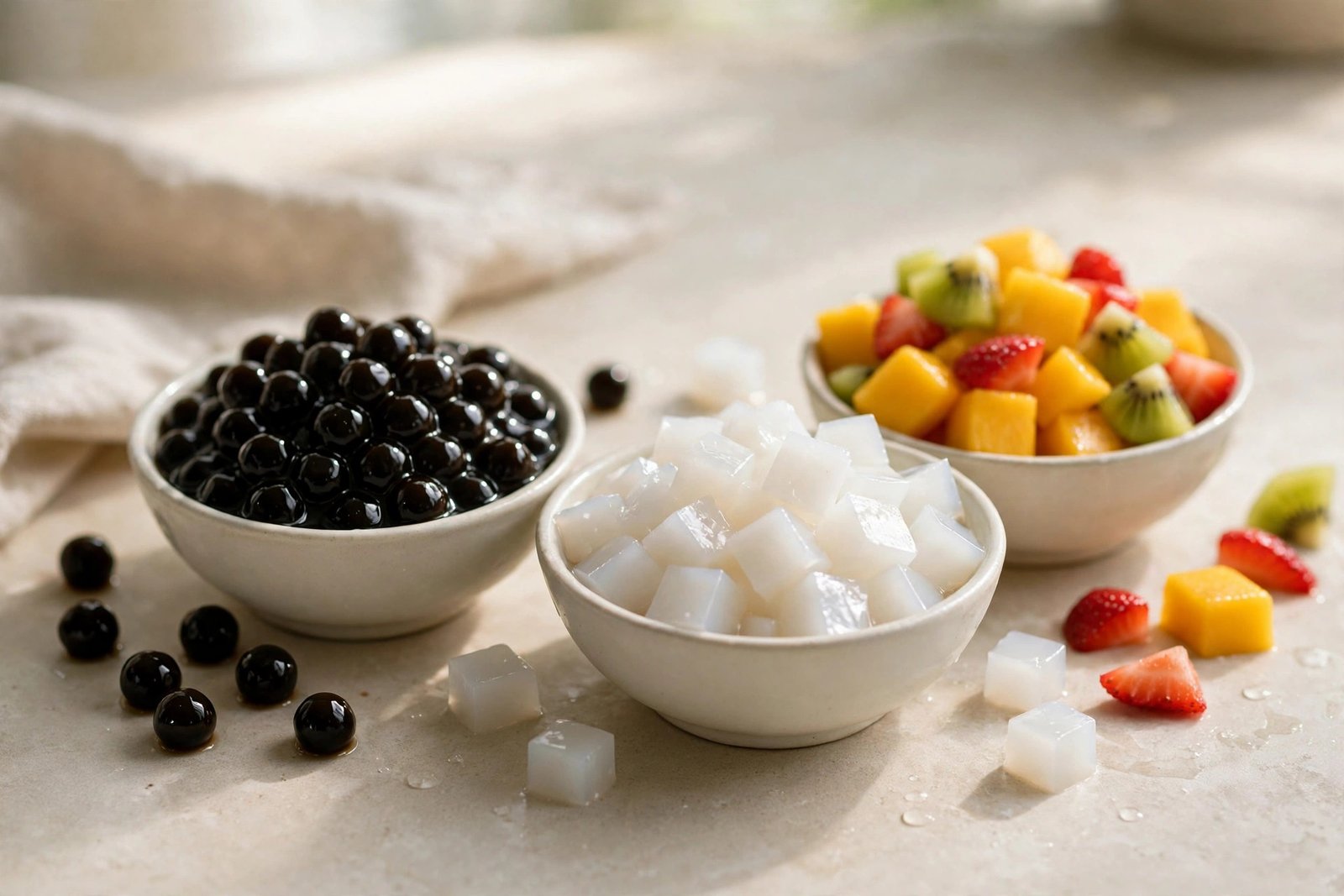 Small bowls of boba pearls, coconut jelly cubes, and fresh fruit pieces. HeyTea ordering hacks