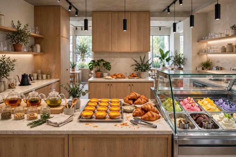 HeyTea Lab three open counters: tea lab, bake lab with croissant egg tarts, and gelato lab