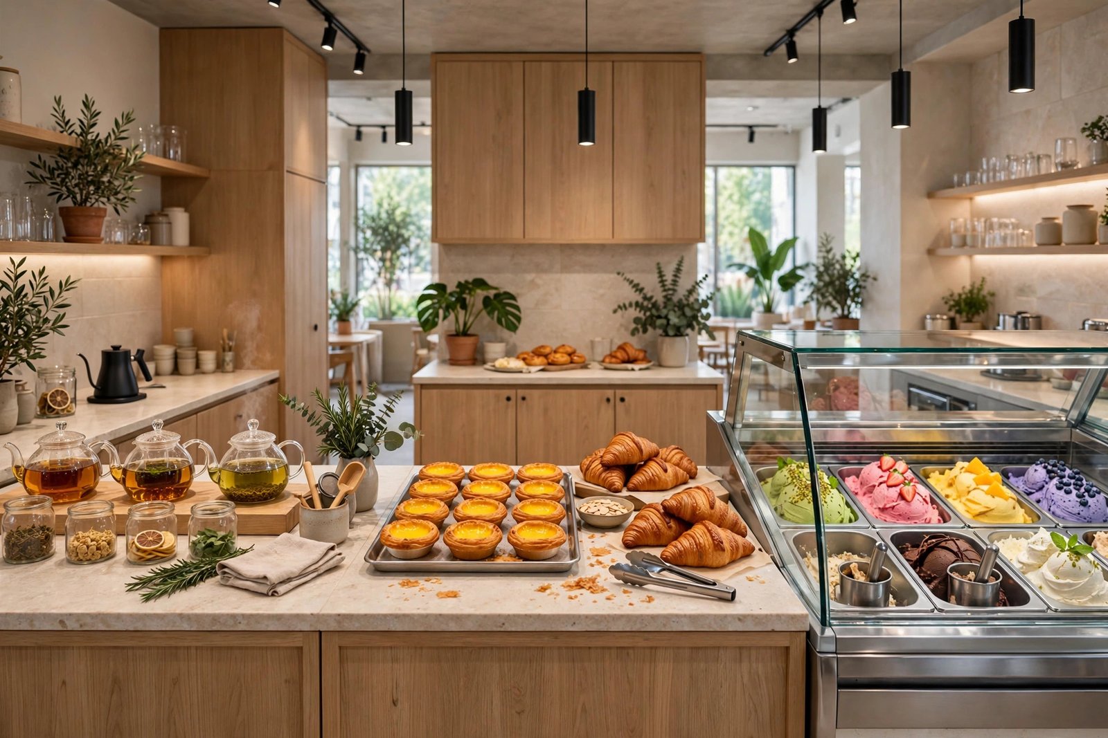 HeyTea Lab three open counters: tea lab, bake lab with croissant egg tarts, and gelato lab
