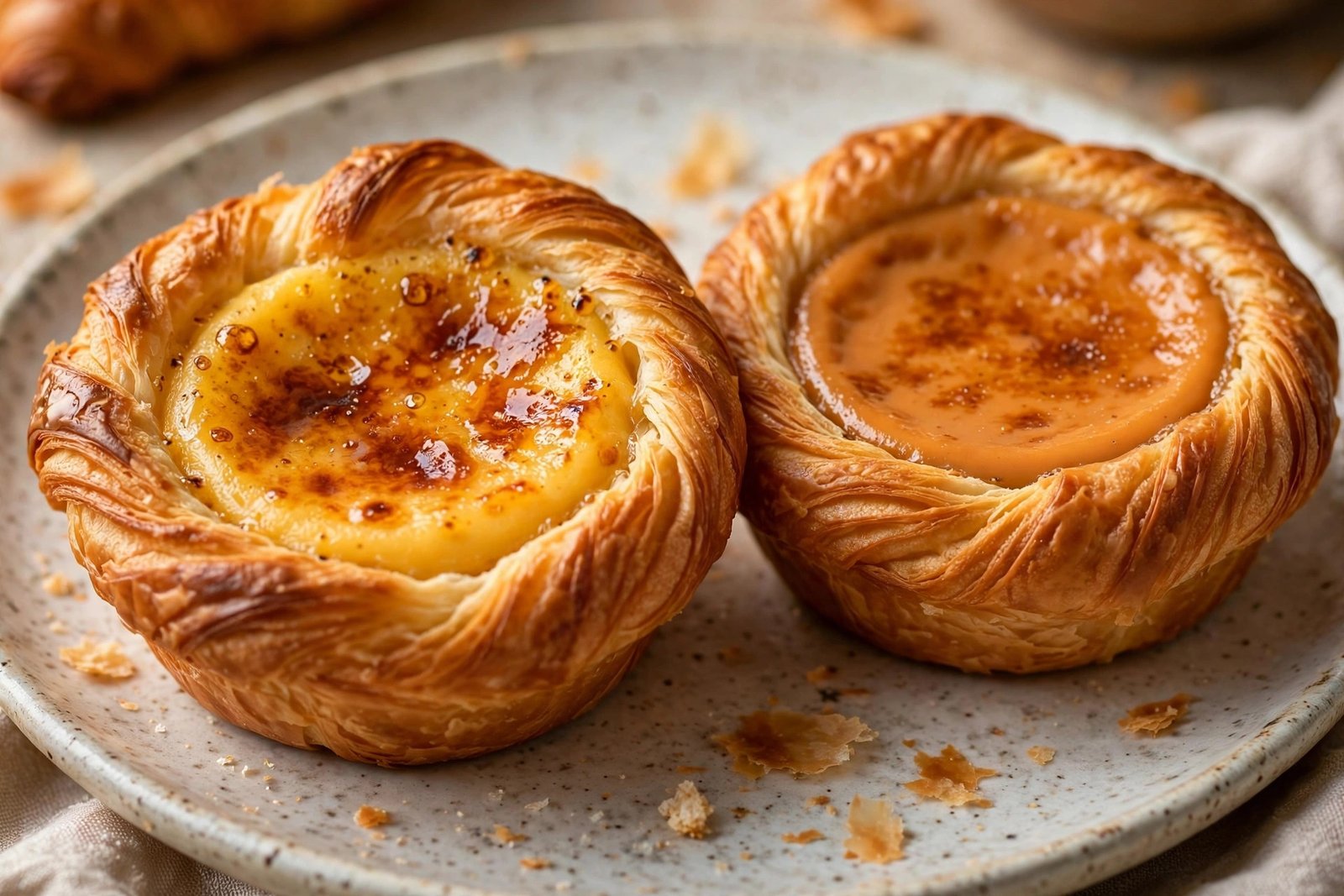Close-up of flaky croissant egg tarts including the Thailand-exclusive Thai Milk Tea croissant egg tart